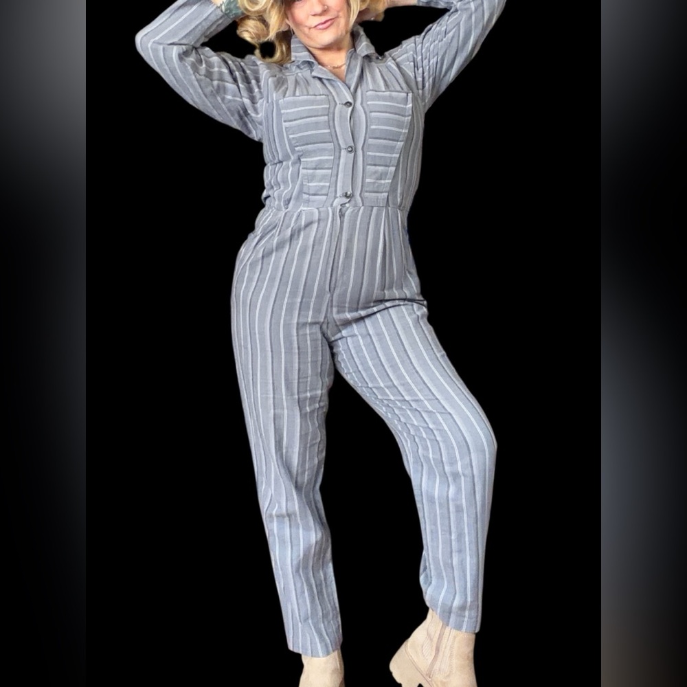 Literally from the 80’s Striped Gray Jumpsuit